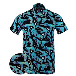 Retro Rifle Shirt Mens Sz L Blue Button Up Short Sleeve Gun Print Abstract Funny